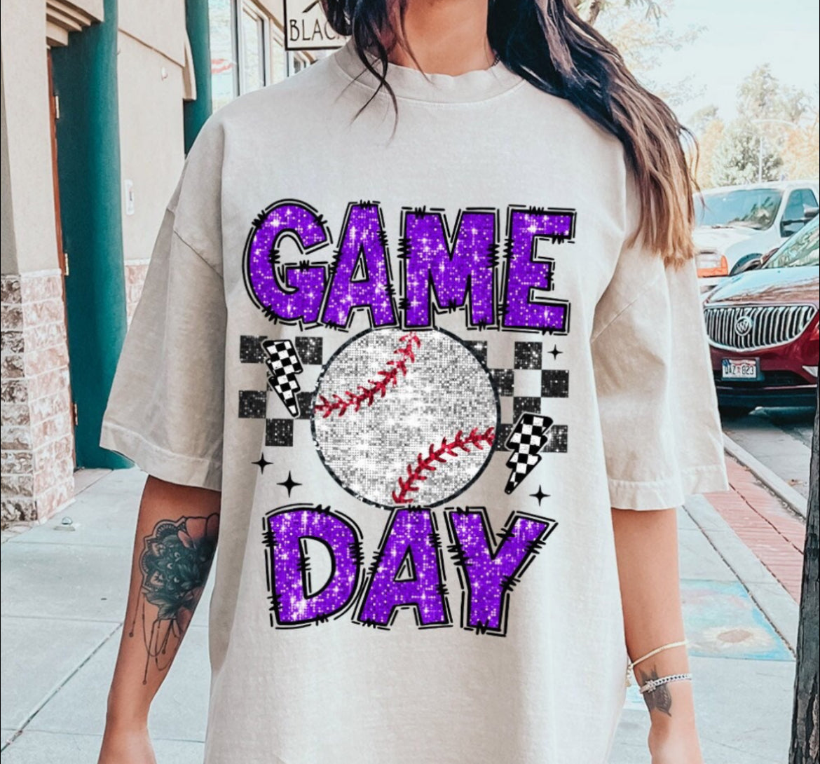 Game Day Checkered Glitter Like Baseball - Purple