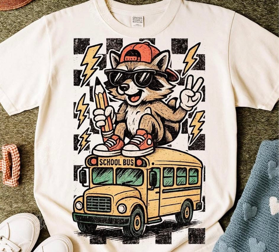Racoon Checkered School Bus
