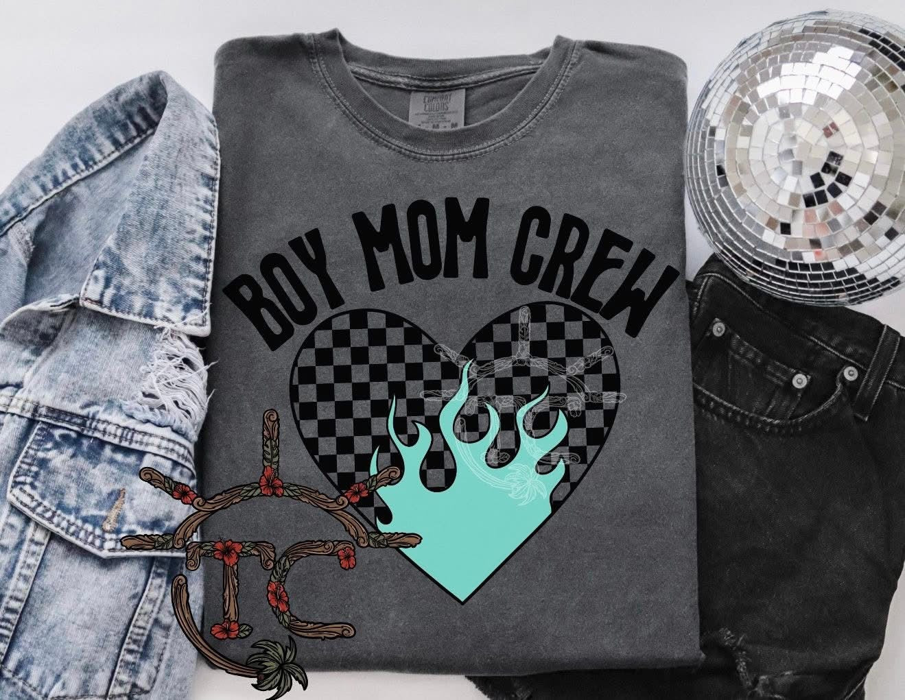 Boy Mom Crew Checkered Heart Flame