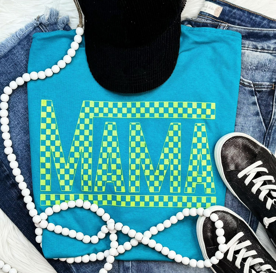 Mama Checkered Neon Green