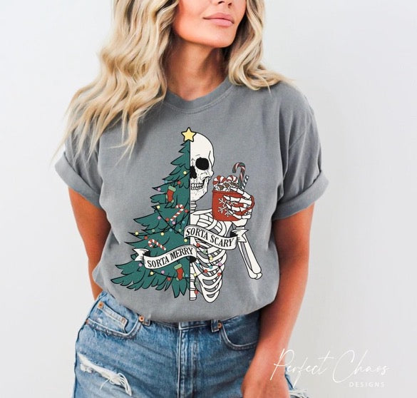 Half Christmas tree half skeleton