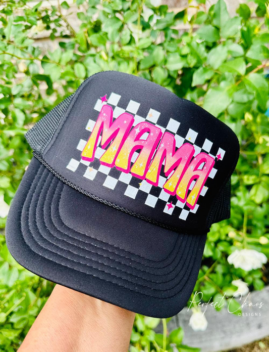 Mama Colorful Checkered Background Hat