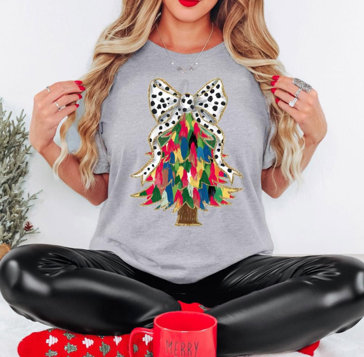 Brush Strokes Colorful Tree + White Bow with Black Polka Dots