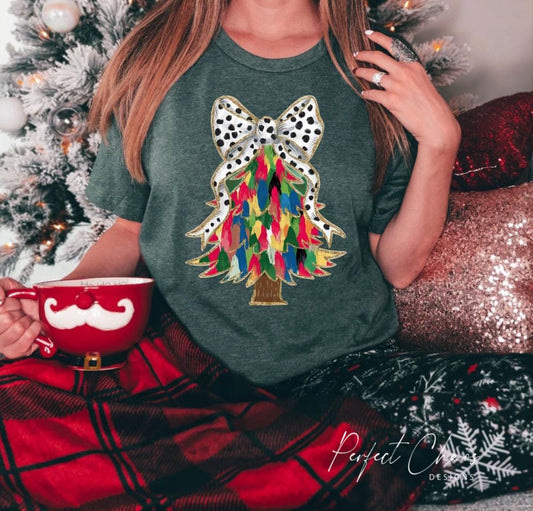 Brush Strokes Colorful Tree + White Bow with Black Polka Dots