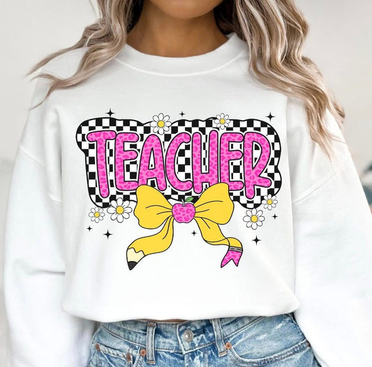 Teacher Checkered Pencil Bow